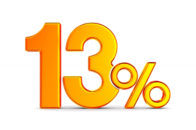 thirteen percent on white background. Isolated 3D illustration