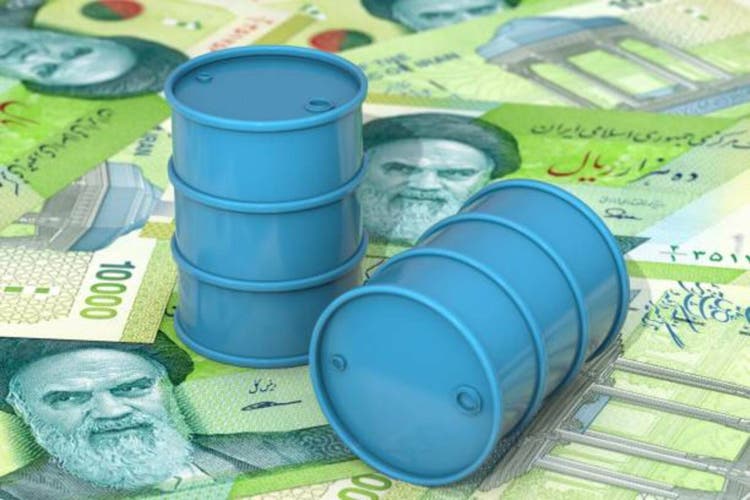Blue barrels of oil lie on background of Iranian Rial banknotes, Islamic Republic of Iran. Petroleum business, black gold, gasoline production. Purchase sale, auction, stock exchange.