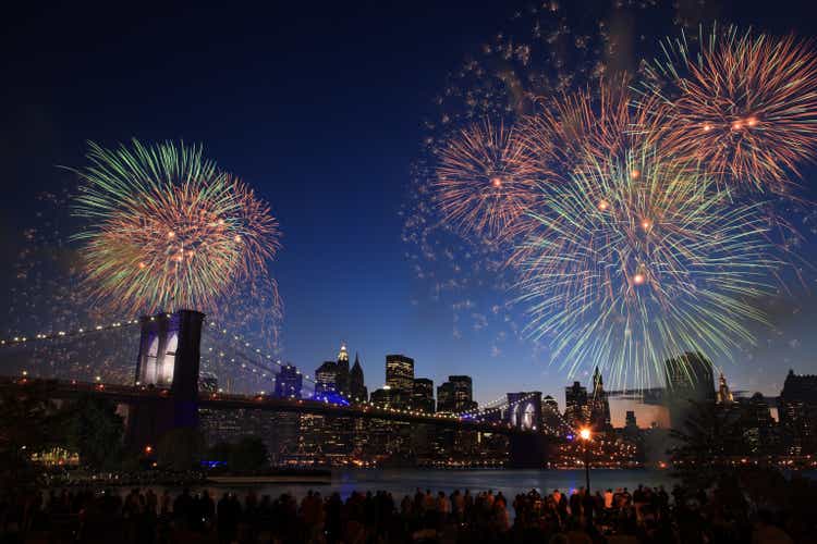 Fireworks over the Brooklyn Bridge in New York