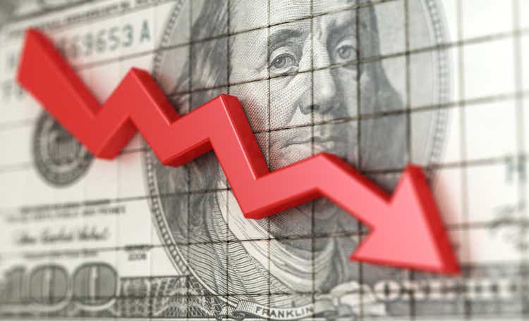 Business chart with red down arrow and dollar background.  losing money.  stock market crash 3d illustration.