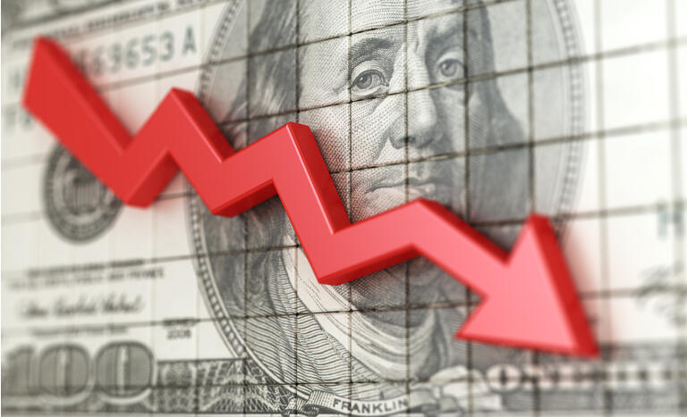 Business chart with red arrow down and dollars background. Loss money. Stock market crash 3d illustration.
