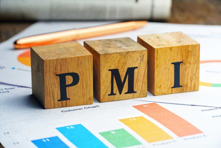Text "PMI" on wood cube lay on chart candle document paper , economic data concept.