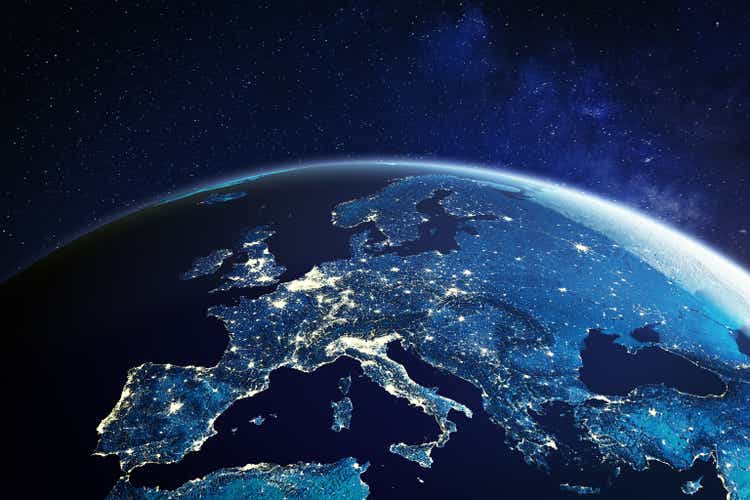 Europe from space at night with city lights showing European cities in Germany, France, Spain, Italy and United Kingdom (<a href='https://seekingalpha.com/symbol/UK' title='Ucommune International Ltd'>UK</a>), global overview, 3d rendering of planet Earth, elements from NASA