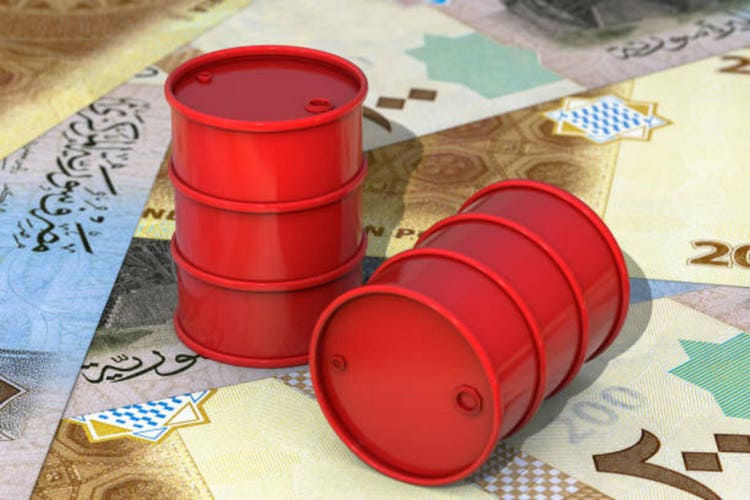 3d illustration: Red barrels of oil lie on background of Syrian pound banknotes, Syrian Arab Republic. Petroleum business, black gold, gasoline production. Purchase sale, auction, stock exchange.