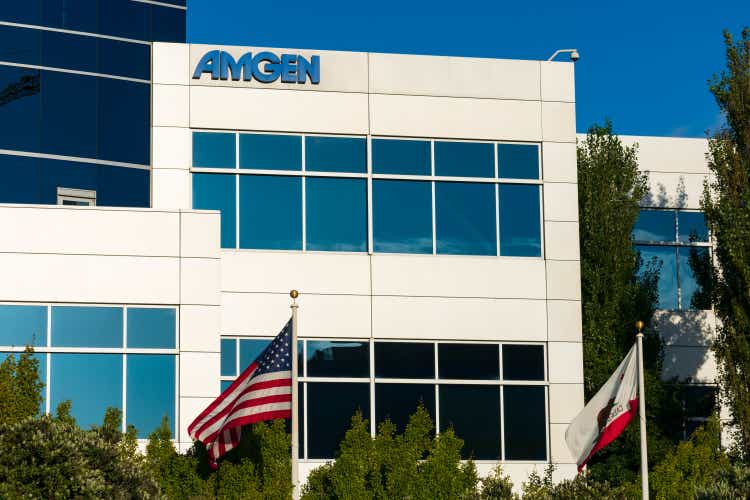 Amgen sign at biopharmaceutical company office in Silicon Valley