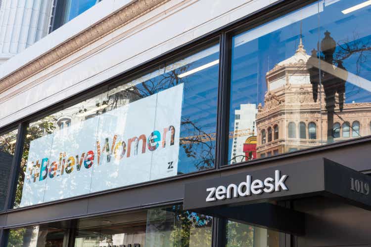 Zendesk signs at corporate headquarters in Silicon Valley
