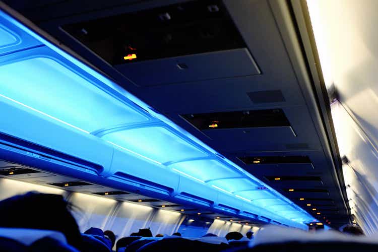 Aircraft cabin with mood lighting at night