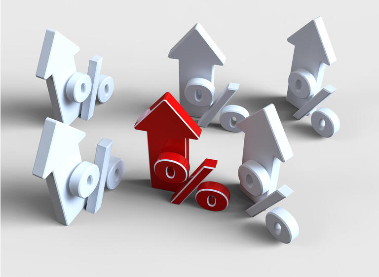Interest rate raising climbing up percent sign percentage icon red 3d rendering