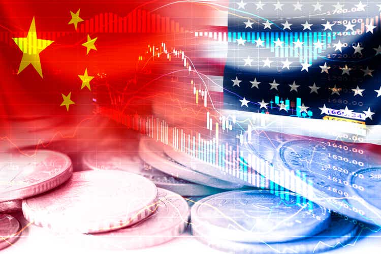 USA and China flag on coins and stock market chart .It is symbol of economic tariffs trade war and tax barrier between United States of America and China.