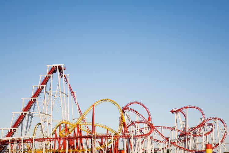 A selection of large roller coasters intertwined together