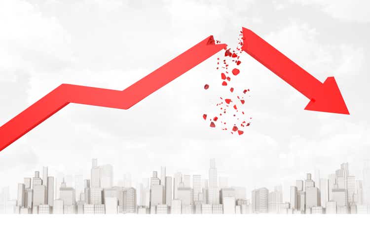 3d rendering of red broken financial diagram arrow on white city skyscrapers background