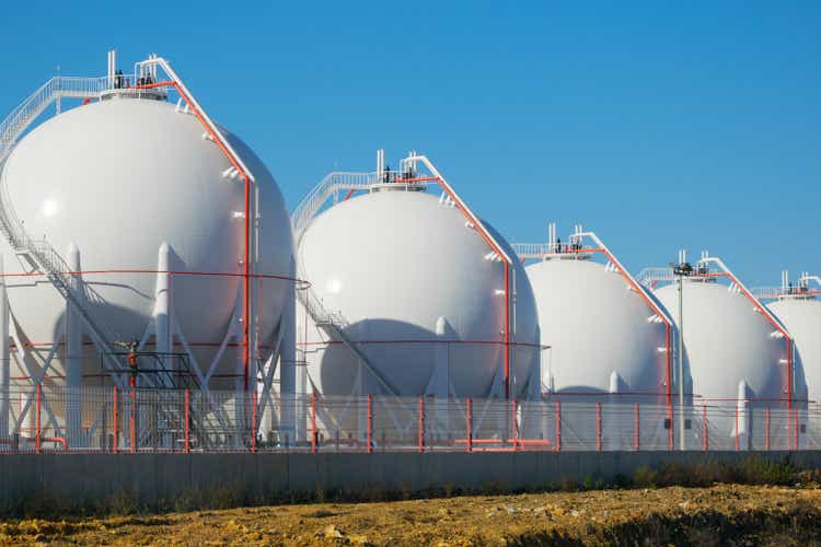 Five liquefied gas storage tanks.