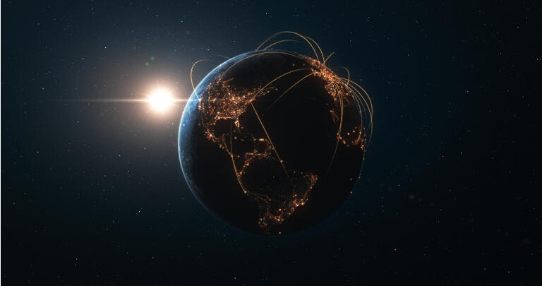 Земля и Солнце: вид из космоса с помощью светящихся линий связи - технологии, глобальные коммуникации, маршруты полетов, большие данные