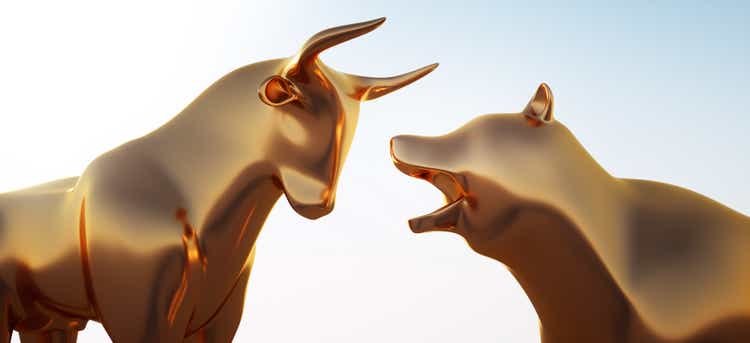 Closeup of golden Bull and Bear