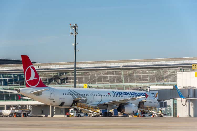 Aircraft of Turkish Airlines near airport gate. Biggest air carriers in the world