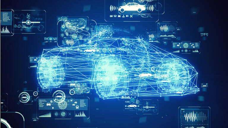 Automotive technology concept. Intelligent Transport Systems. Autonomous car. 3D rendering.