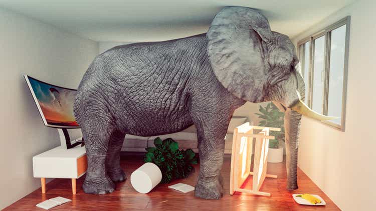 Concept image of elephant stuck in a small living room and looking to get out