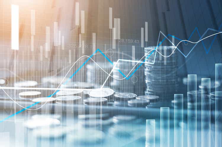 Financial stock market graph and rows of coins growth, abstract and symbol for finance concept, business investment and currency exchange, on blue background.