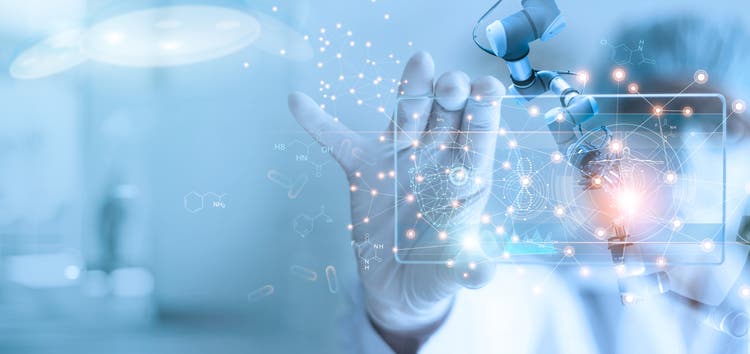 Doctor and medical assistant robot analysis and testing result of DNA on modern virtual interface, science and technology, innovative and future of medical healthcare in laboratory background.
