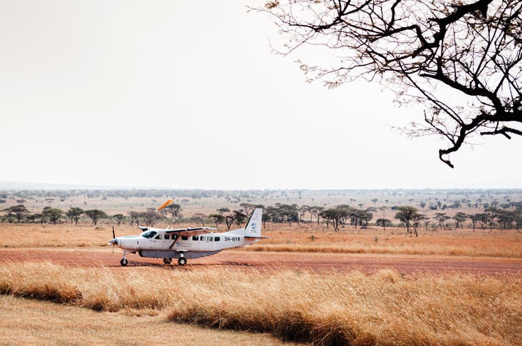 Light single engine aircraft Cessna plane running on dusty airstrip in Serengeti