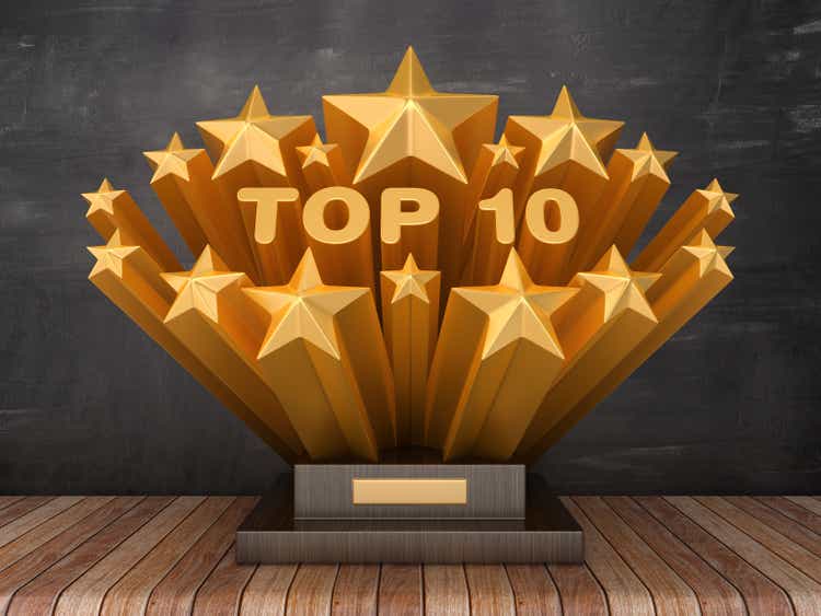 Gold Stars with TOP 10 Word on Trophy - Chalkboard Background - 3D Rendering