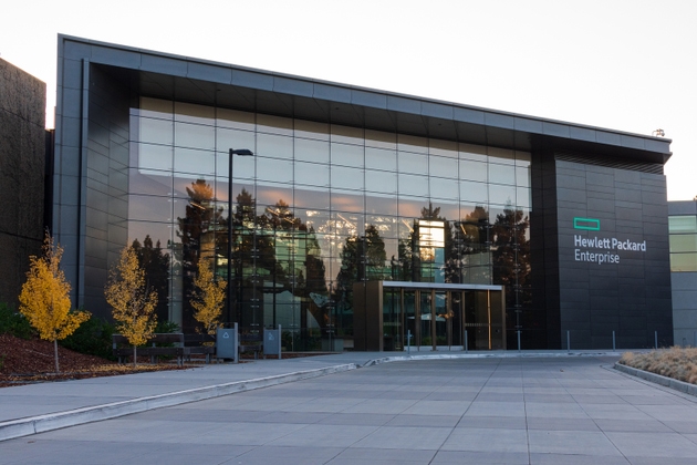 Hewlett Packard Enterprise HPE logo and sign displayed at corporate HQ campus in Silicon Valley. HPE is an American multinational enterprise IT company