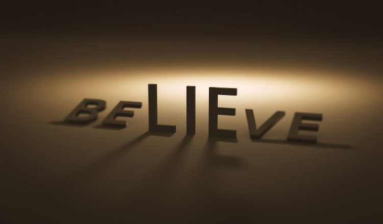 Believe concept of lie on dark background and belief. Lies or trust. Realistic 3D render.