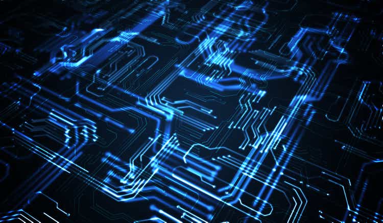 Quantum computing concept. Abstract glowing electronic circuit.