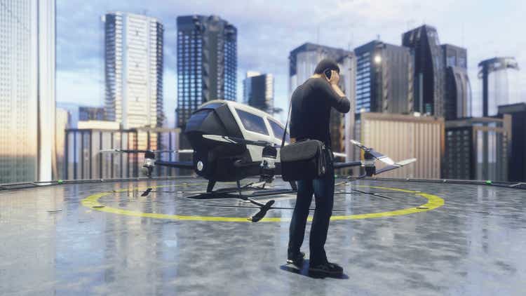 A unmanned passenger drone is preparing for takeoff. 3D Rendering