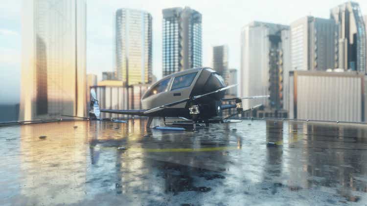 Pilotless passenger drone makes a departure for the call of the client. The concept of the future unmanned air taxi. 3D Rendering