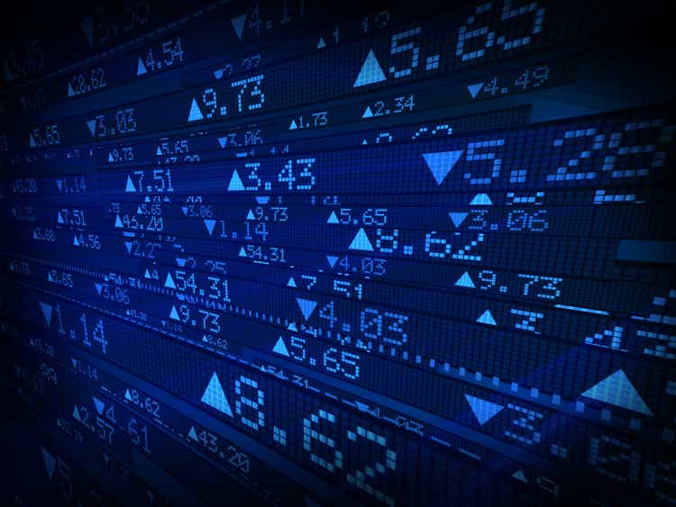 Stock market data displayed on blue ticker board