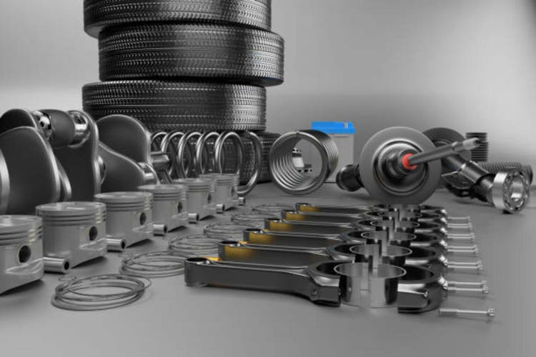 Auto parts spare parts car on the grey background. 3D rendering