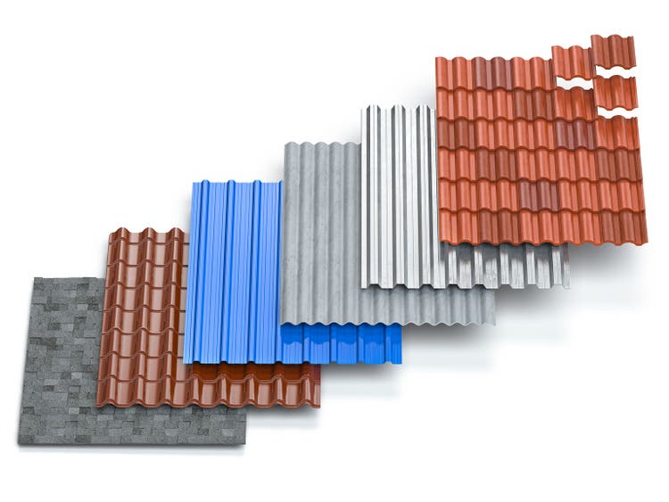 Different types of roof coating. Sheet metal profiles, ceramic tiles, asphalt roofing shingles and gypsum slate isolated on white background.
