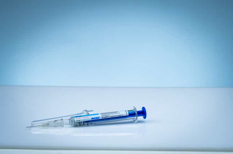 CHONBURI, THAILAND-JANUARY 3, 2019 : Neupogen injection. Filgrastim stimulate production of granulocytes in cancer patient. Single use prefilled syringe. Chemotherapy induced febrile neutropenia.