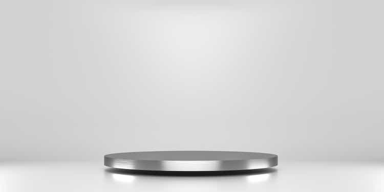 Silver pedestal of platform display with luxury stand podium on white room background. Blank Exhibition or empty product shelf. 3D rendering.