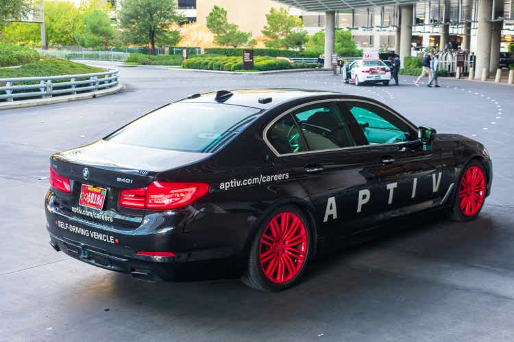 Aptiv self-driving BMW car operating on the Lyft network waits for passengers at hotel entrance