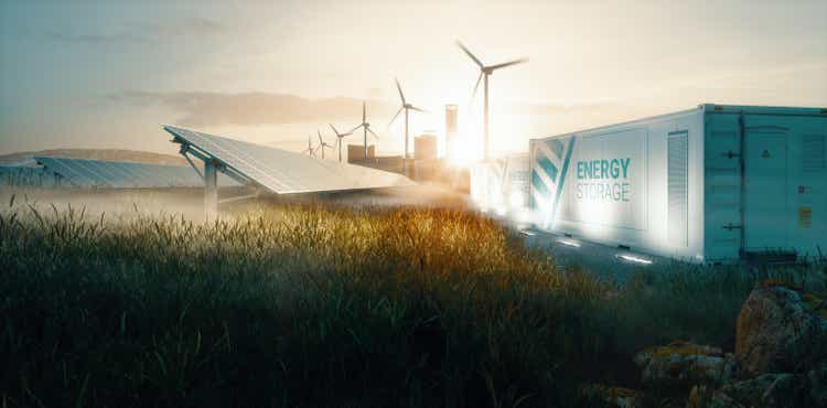 Soluzione di sistema di energia rinnovabile a rete intelligente per le future città intelligenti al tramonto. Rendering 3d
