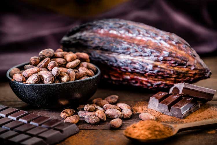 Chocolate bar, cocoa powder, cocoa beans and cocoa pod