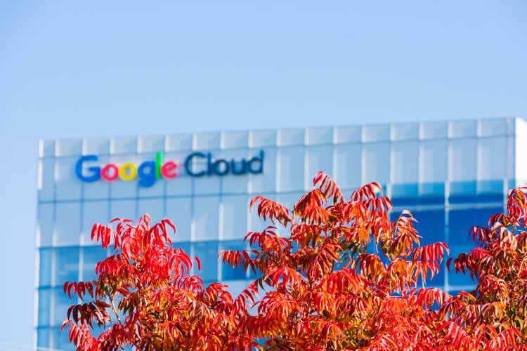 Bright fall, autumn foliage with blurred Google Cloud office building