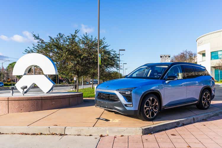 NIO ES8 electric SUV displayed in front of NIO headquarters in Silicon Valley