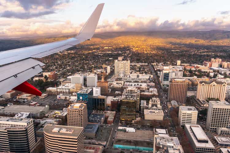 Aerial view of downtown San Jose in the evening; Silicon Valley, South San Francisco Bay Area, California