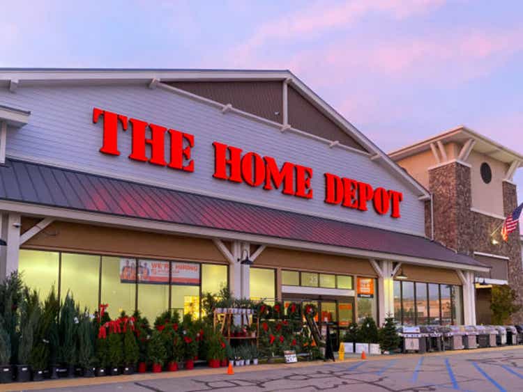 The Home Depot store entrance with colorful sunset in the background in Irvine, California, USA.