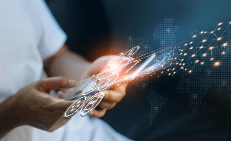 Man using mobile online banking and payment, Digital marketing. Finance and banking networking. Online shopping and icon customer network connection, cyber security. Business technology.
