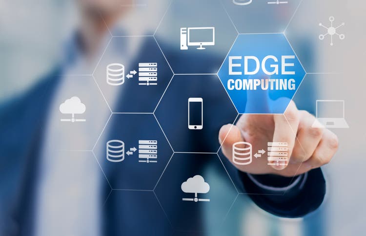 Edge computing technology with distributed network, data storage near the user rather than in the cloud, internet service for IoT, games and AI recognition, concept