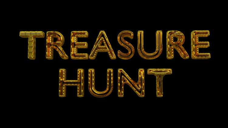 Text "TREASURE HUNT" in abstract letters of gold. 3d rendering.