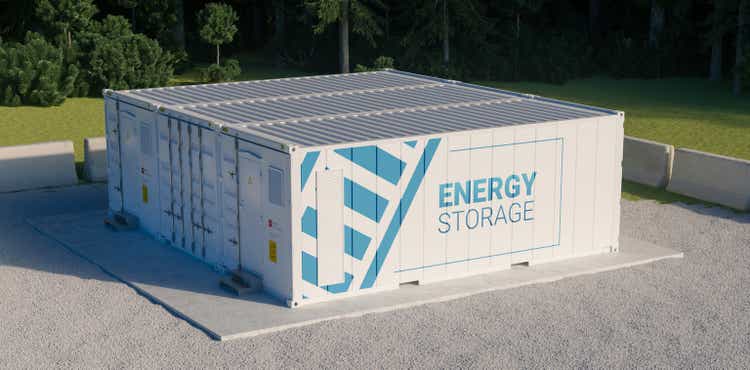 Concept of energy storage unit consisting of multiple conected containers with batteries. 3d rednering.