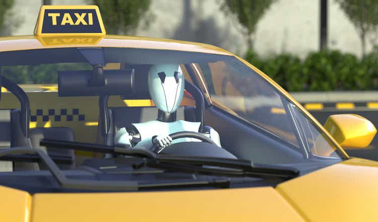 Robot taxi driver sits at the wheel of a yellow taxi. Car with autopilot. Future concept with smart robotics and artificial intelligence. 3D rendering