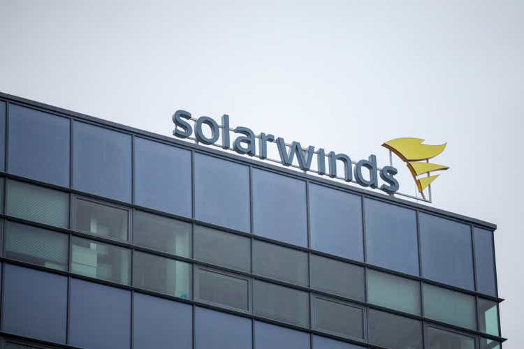 SolarWinds logo in front of their office for Brno. SolarWinds is an american IT company specialized in Software development for network infrastructure.