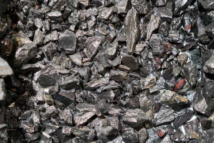 Close up view of the iron ore. rough Hematite, iron Kidney Ore stone. Pieces of ferrotitanium closeup. Close-up view of the iron stone