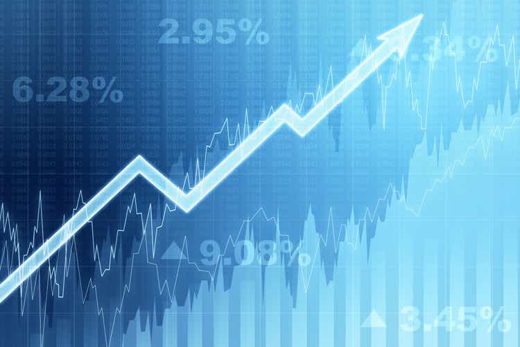 Front view of blue growing financial chart with arrow. Income and growth concept. 3D Rendering